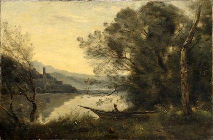 Appraisal: Continental School Landscape with Figure in Boat Oil on canvas