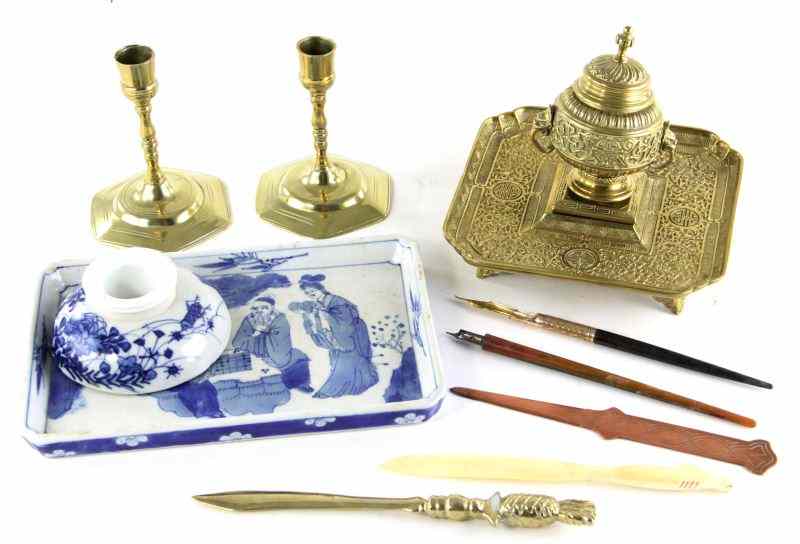 Appraisal: Four Chinese Desk Accessoriesincluding a porcelain pen tray blue and