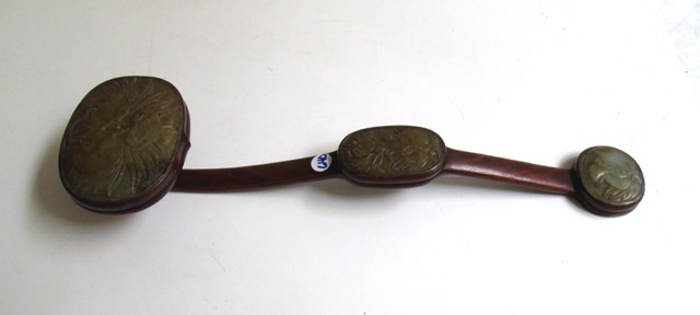 Appraisal: CHINESE ROSEWOOD SCEPTOR WITH THREE SERPENTINE PLAQUES length inches