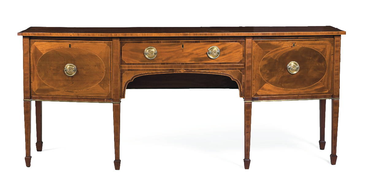 Appraisal: ENGLISH HEPPLEWHITE INLAID-MAHOGANY BOWFRONT SIDEBOARD The rectangular inlaid top with