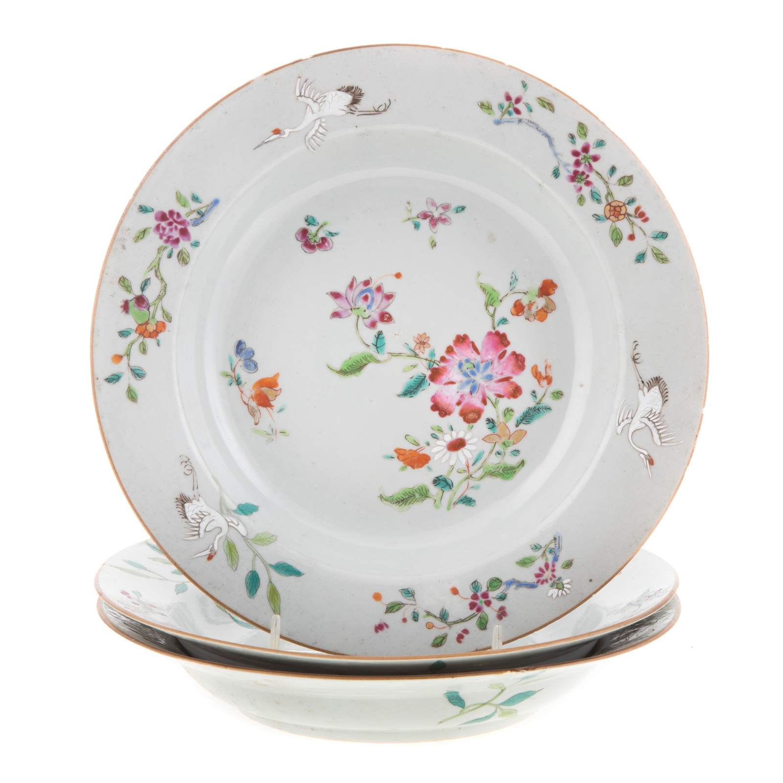 Appraisal: THREE CHINESE EXPORT FAMILLE ROSE SOUP PLATES Circa - floral