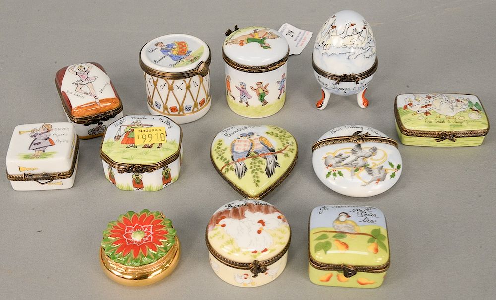 Appraisal: Group of twelve porcelain trinket boxes days of Christmas all