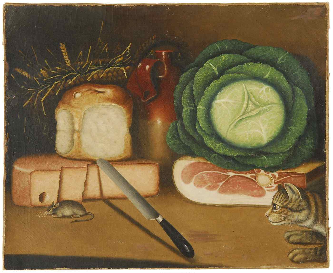 Appraisal: AMERICAN SCHOOLMid- th CenturyCharming still life of bread cheese and