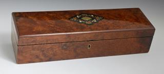 Appraisal: French Brass Inlaid Burled Elm Glove Box c the domed