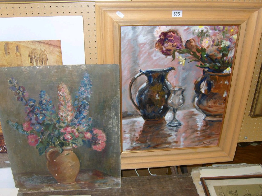 Appraisal: An oil painting on board still life with vase of