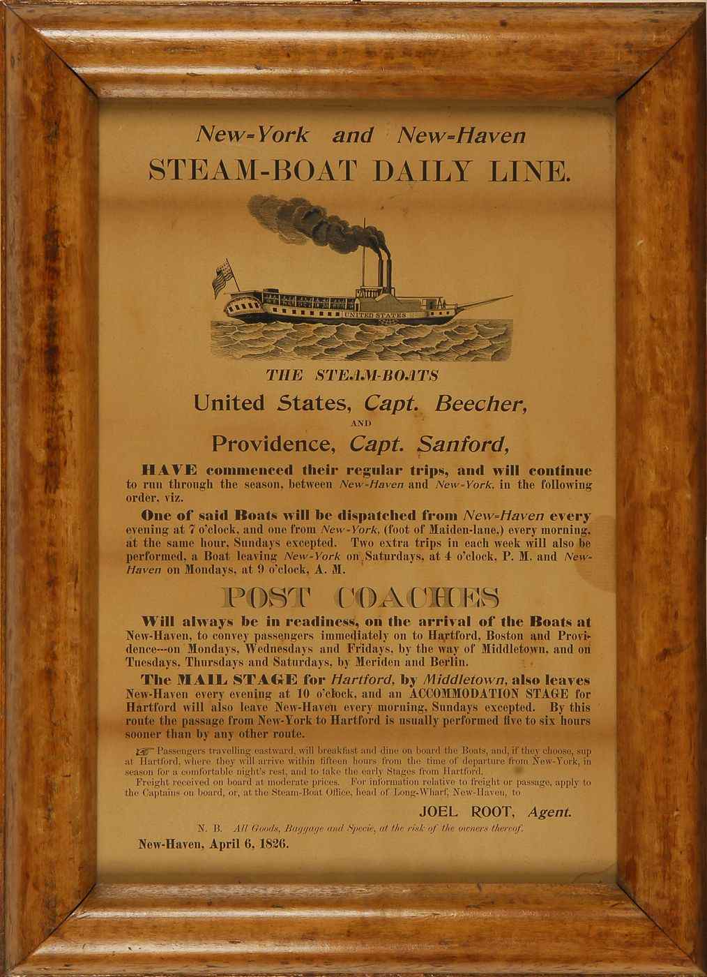 Appraisal: FRAMED STEAMBOAT LINE BROADSIDEDated New Haven April New-York and New-Haven