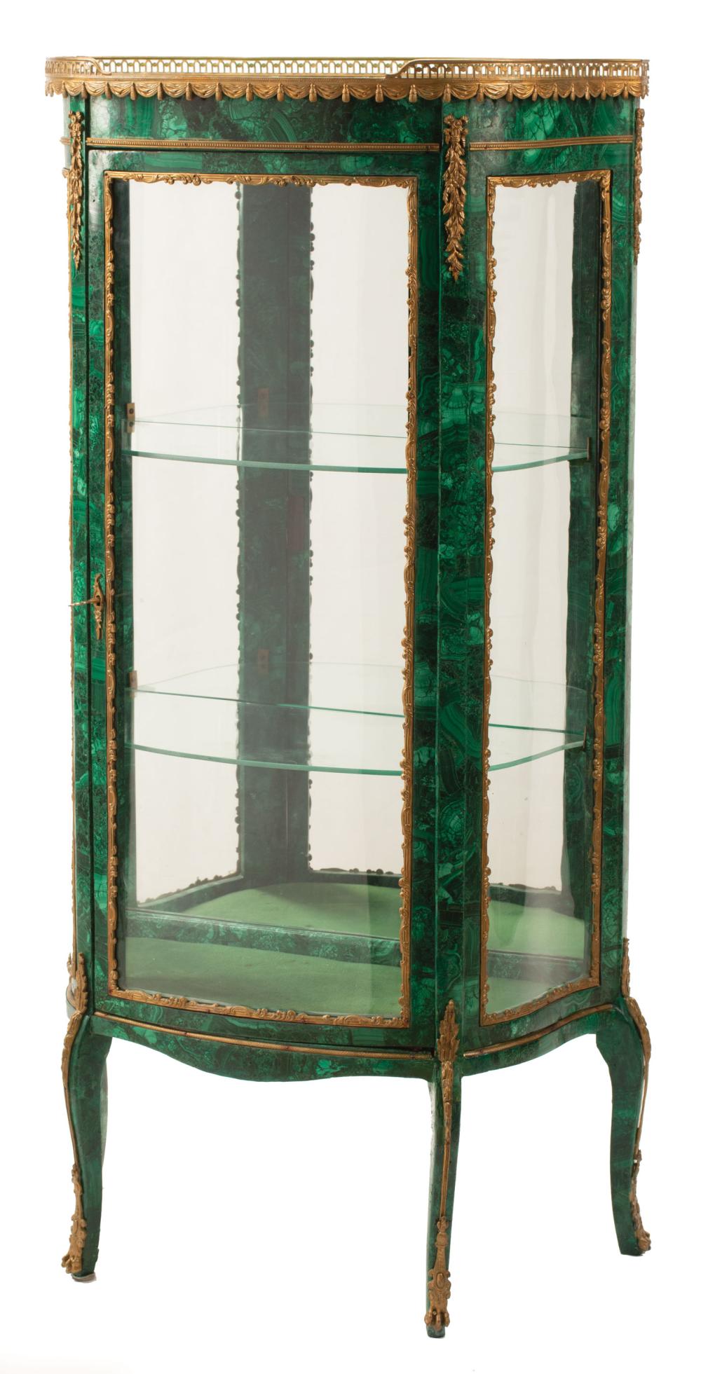 Appraisal: Louis XVI-Style Bronze-Mounted Malachite Clad Vitrine pierced gallery single glazed