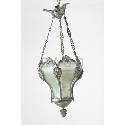 Appraisal: LIGHTING Two chandeliers th c paneled glass with ornate metal