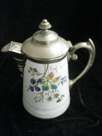 Appraisal: Victorian Enamelware Coffeepot berry floral pewter trim