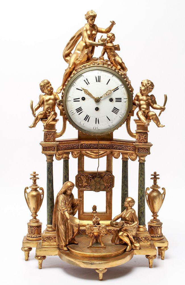 Appraisal: Neoclassical Portico Mantel Clock Gilt-Wood Neoclassical allegorical figurative portico mantel