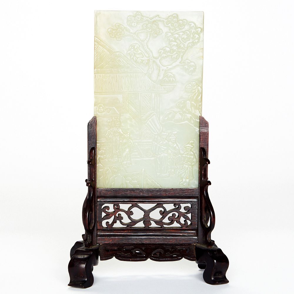 Appraisal: Chinese Carved Jade Table Screen w Stand A very finely