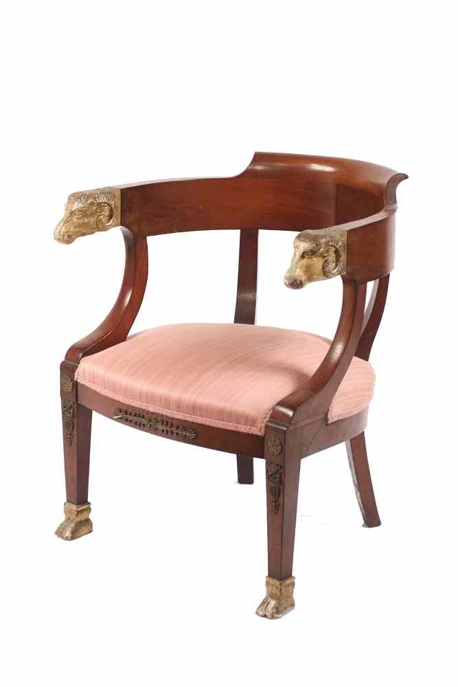 Appraisal: ARMCHAIR - Egyptian revival barrel back mahogany arm chair th