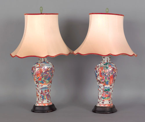 Appraisal: Pair of Chinese export famille rose garniture lamps early th