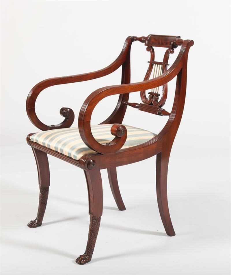 Appraisal: FEDERAL STYLE CARVED MAHOGANY ARMCHAIR NEW YORK The outscrolled turned