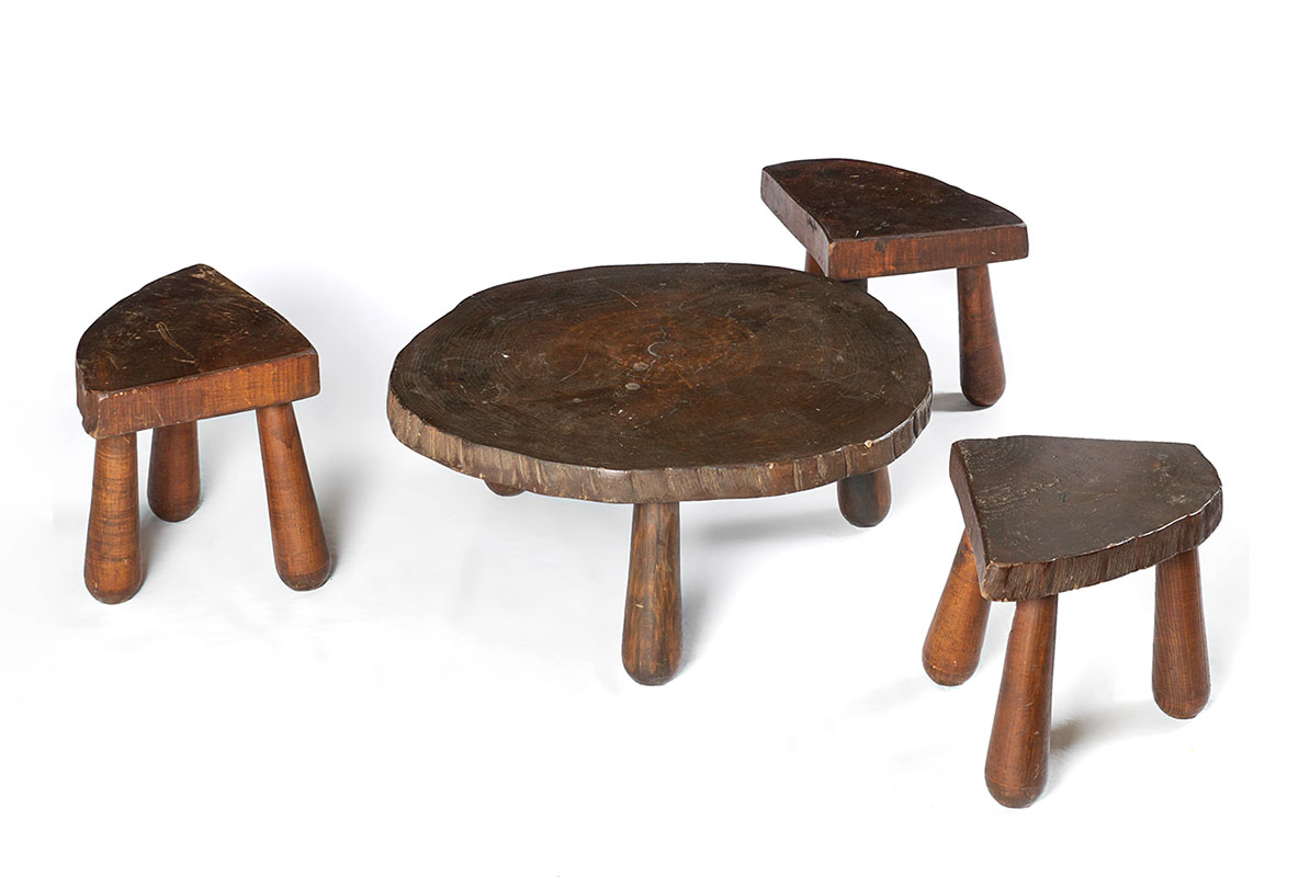 Appraisal: NATURAL WOOD CHOW TABLE WITH STOOLS pieces total low chow