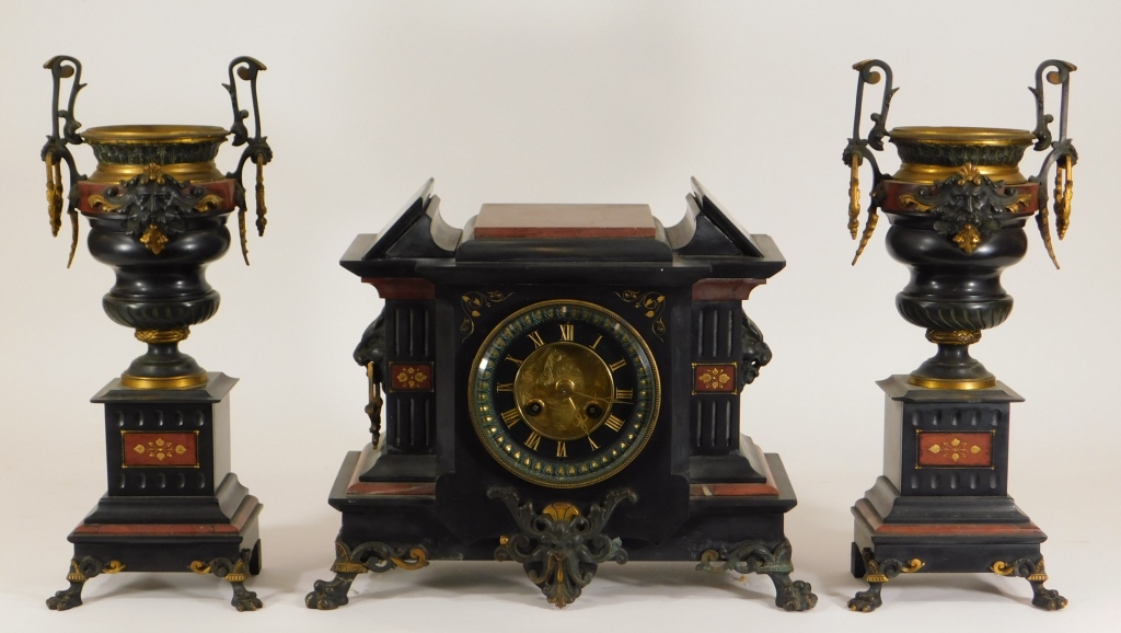 Appraisal: C FRENCH BLACK ROUGE MARBLE CLOCK GARNITURE SET France th