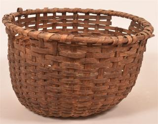 Appraisal: Antique Woven Oak Splint Circular Field Basket Double open handles