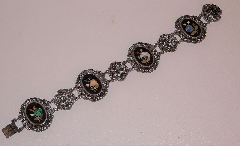 Appraisal: SILVER MICROMOSAIC BRACELET Antique Italian micromosaic floral inlaid bracelet with