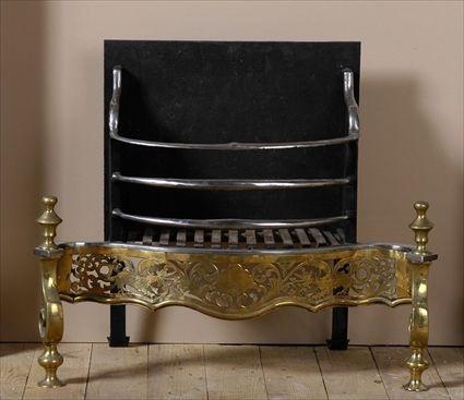 Appraisal: ENGLISH BRASS AND STEEL FIREGRATE Serpentine fret pierced brass front