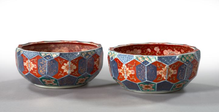 Appraisal: Pair of Japanese Meiji Imari Faceted Porcelain Fruit Bowls fourth