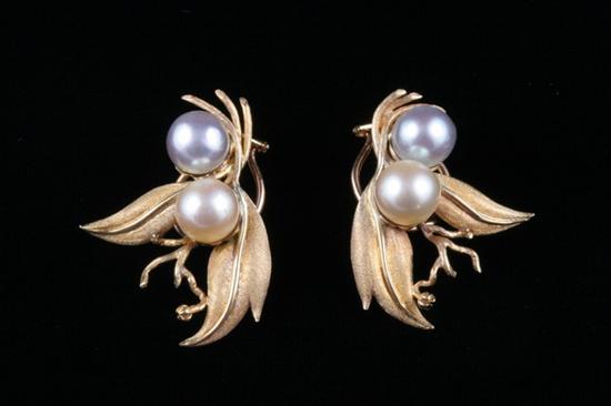 Appraisal: PAIR K YELLOW GOLD AND CULTURED PEARL EARRINGS Set within