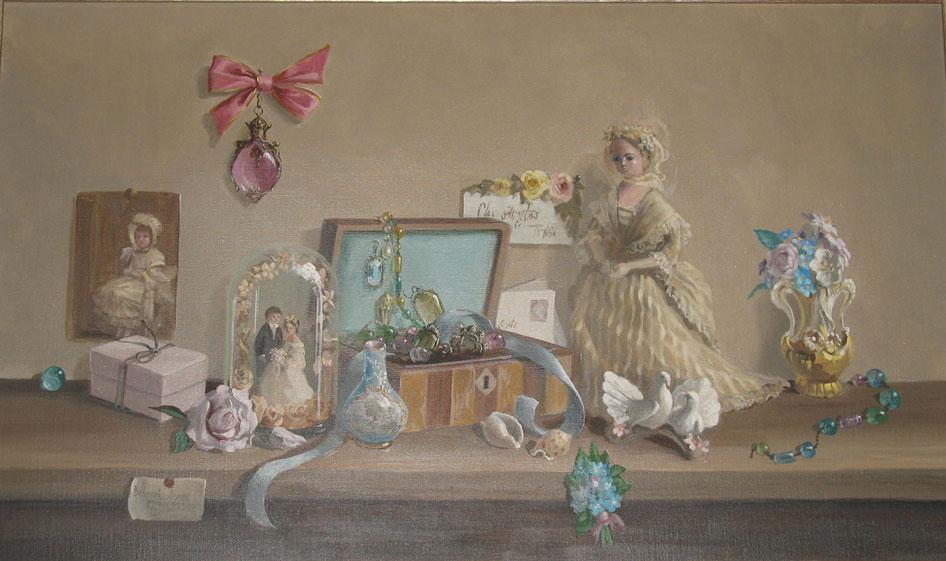 Appraisal: DEBORAH JONES A still life of dolls and ornaments on