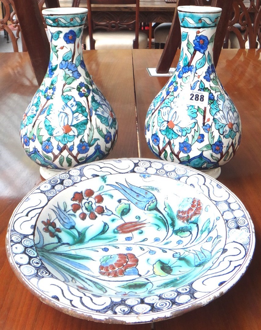 Appraisal: A pair of Iznik style pottery vases possibly Kutahya late