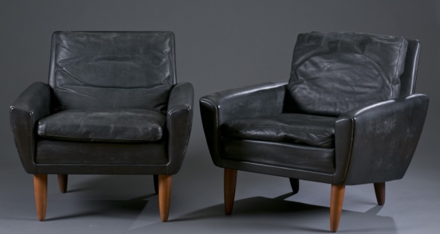 Appraisal: Vejen Denmark by G Thams Armchairs Black leather on teak