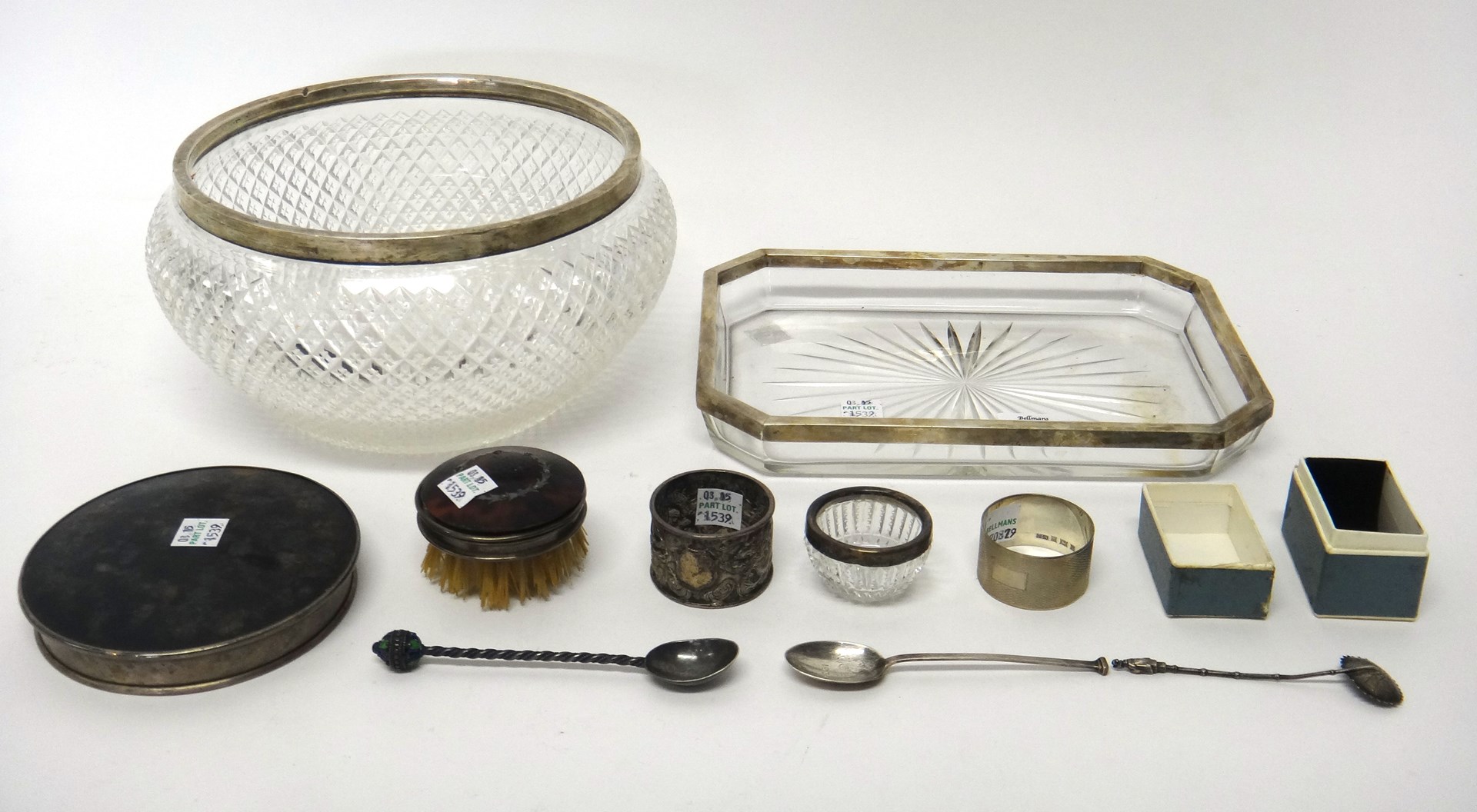 Appraisal: Silver and silver mounted wares comprising a faceted glass circuclar