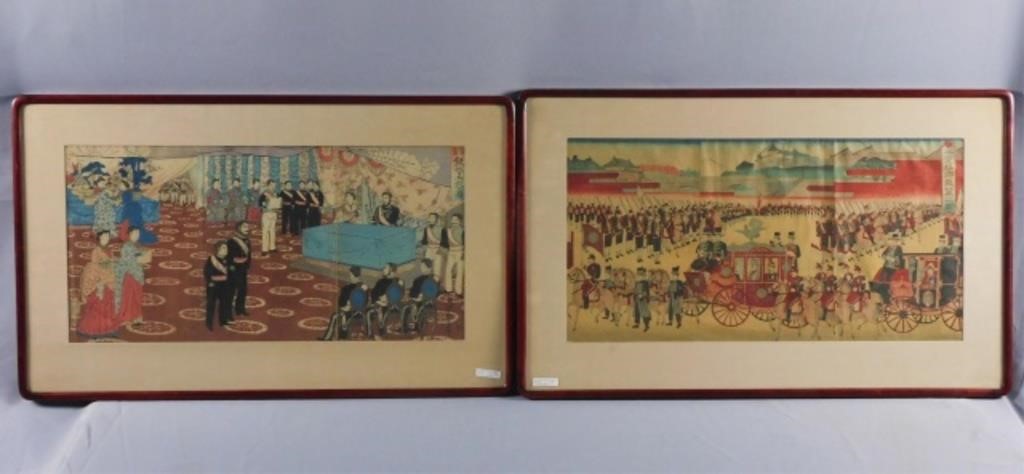 Appraisal: PAIR OF YOKOHAMA UKIYO-E WOODBLOCK PRINTS LATE th c To