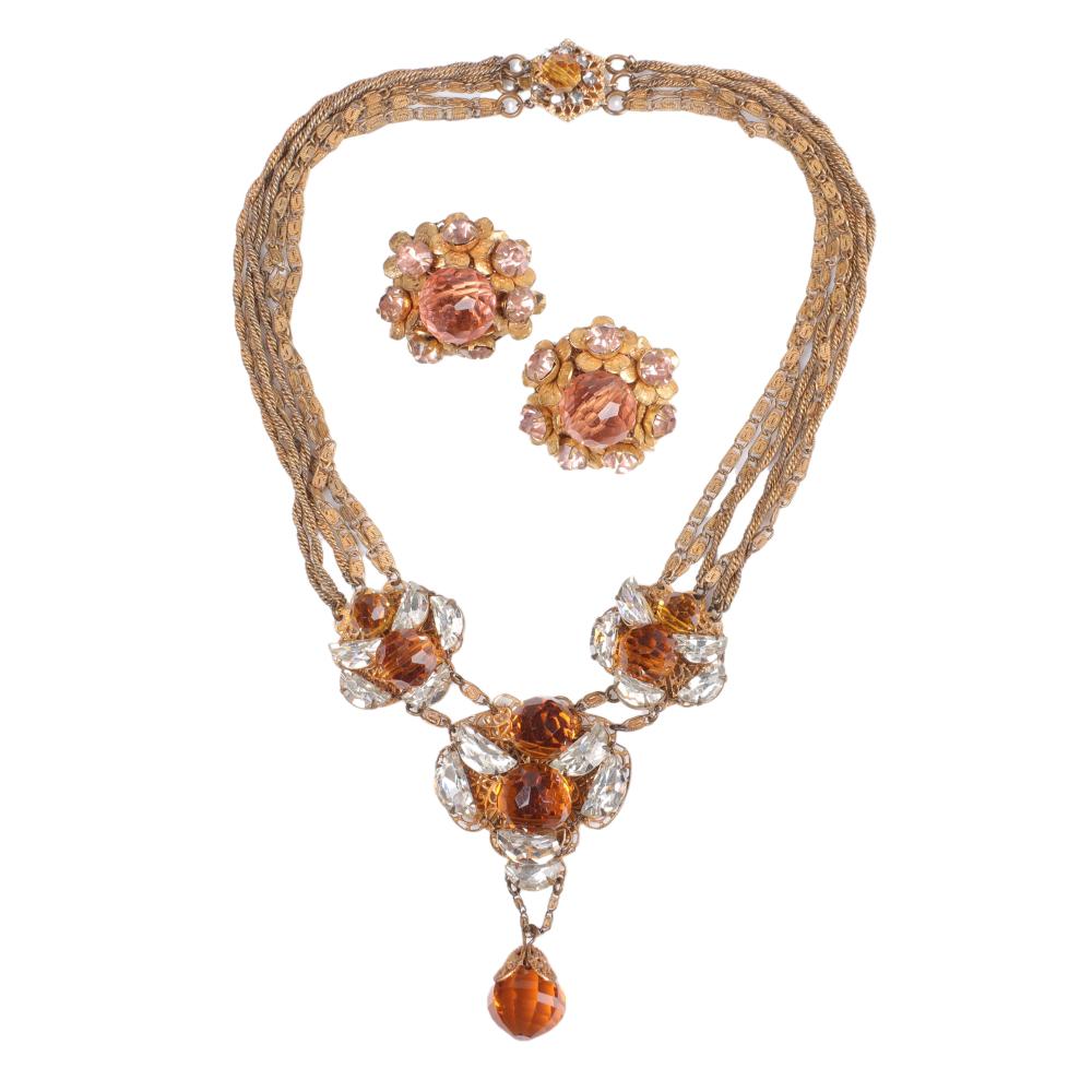 Appraisal: MIRIAM HASKELL EARRING AND NECKLACE PC GROUP PINK FACETED BALL