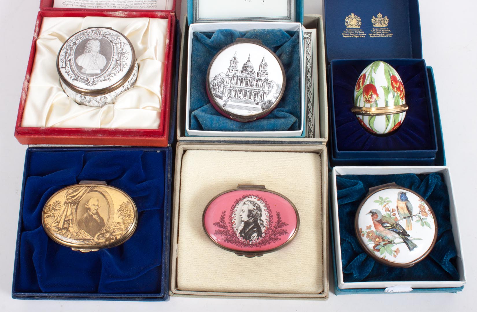 Appraisal: Six Bilston Battersea enamel dresser boxes gilt-metal-mounted commemorative boxes celebrating