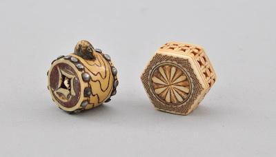 Appraisal: Two Drum Netsukes Both carved of ivory and with applied