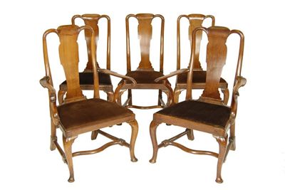 Appraisal: Five early th century walnut dining chairs comprising two open