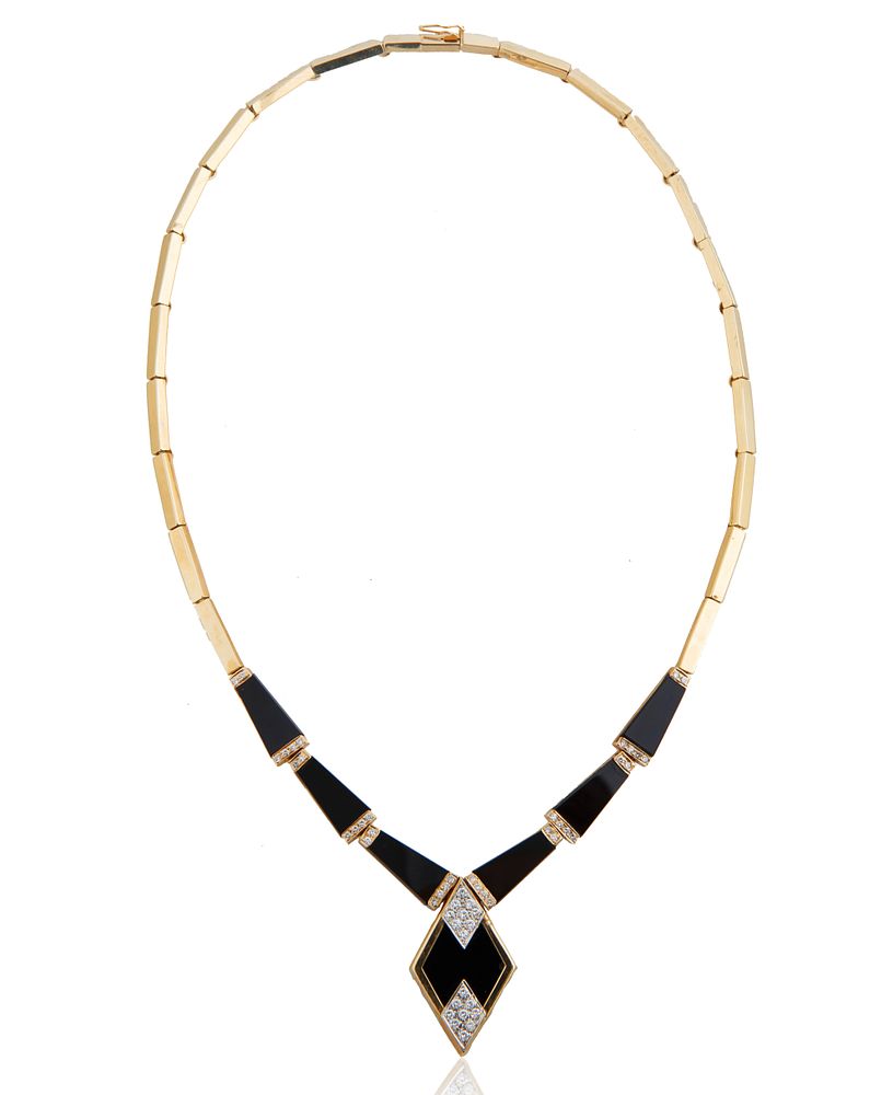 Appraisal: ART DECO STYLE ONYX DIAMOND AND GOLD NECKLACE ART DECO