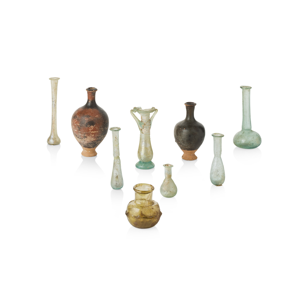 Appraisal: GROUP OF ANTIQUITIES comprising seven glass vials and vases in