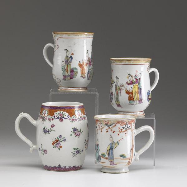 Appraisal: CHINESE EXPORT Four cider mugs with figural or floral decoration