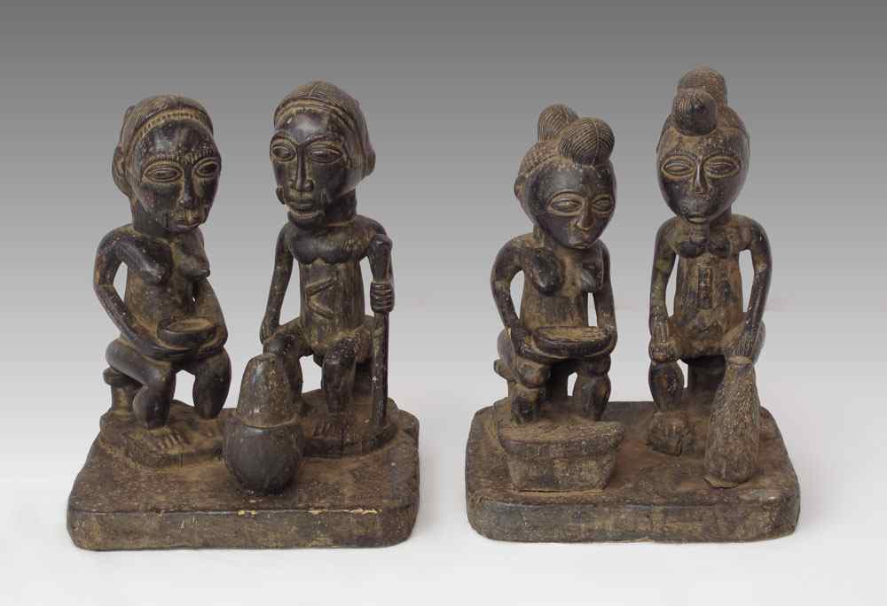 Appraisal: TWO AFRICAN CARVED WOOD BAULE SEATED ROYAL COUPLES Ivory Coast