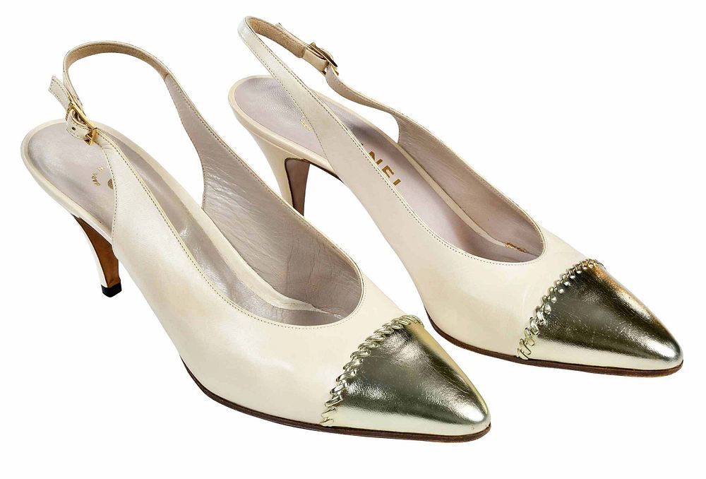 Appraisal: Chanel Beige Silver Cap Slingback Shoes th century made in