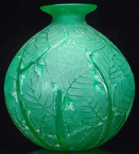 Appraisal: R LALIQUE Vase Milan emerald green c M p No