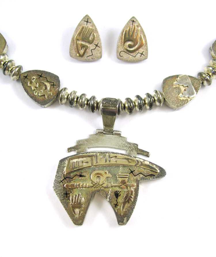 Appraisal: NAVAJO NECKLACE AND EARRING SET including a sterling silver and