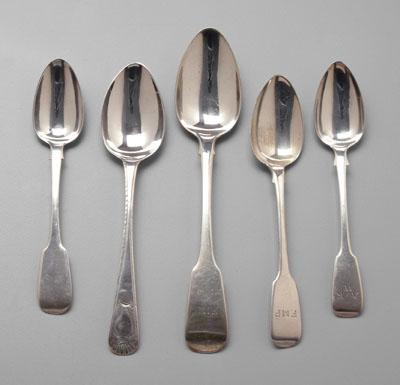 Appraisal: Irish silver spoons most with downturned fiddle handles marks for