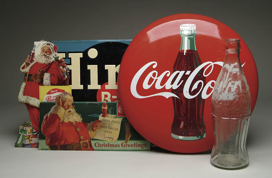 Appraisal: LOT OF NINE SODA ADVERTISING ITEMS Coca-Cola self-framed tin Christmas