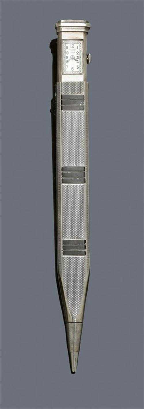 Appraisal: SILVER AND ENAMEL MECHANICAL PENCIL WITH SLIDING WATCH BUCHERER ca