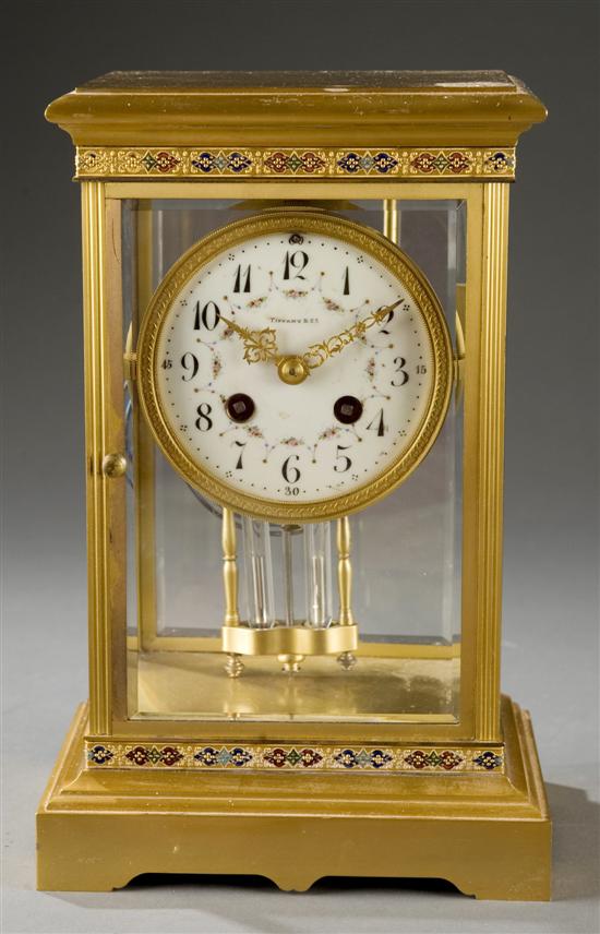 Appraisal: Tiffany Co gilt brass shelf clock Gilt brass cased glass