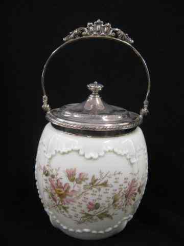 Appraisal: Wavecrest Art Glass Biscuit Jar floral silverplate top handle ''