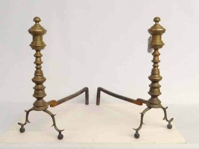 Appraisal: Pair th c Empire brass andirons '' Ht '' D