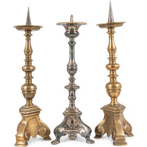 Appraisal: A Pair of Continental Brass Tripod Base Pricket Sticks Likely