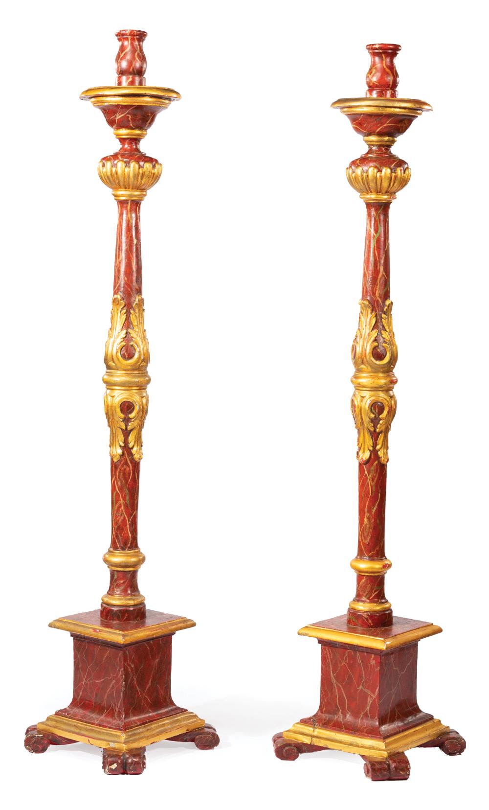 Appraisal: Pair of Italian Carved Faux Marbre and Gilt Torcheres th