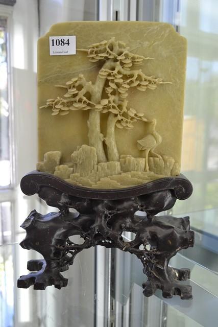 Appraisal: CARVED CHINESE SOAPSTONE SCENE ON WOODEN BASE BASE DAMAGED